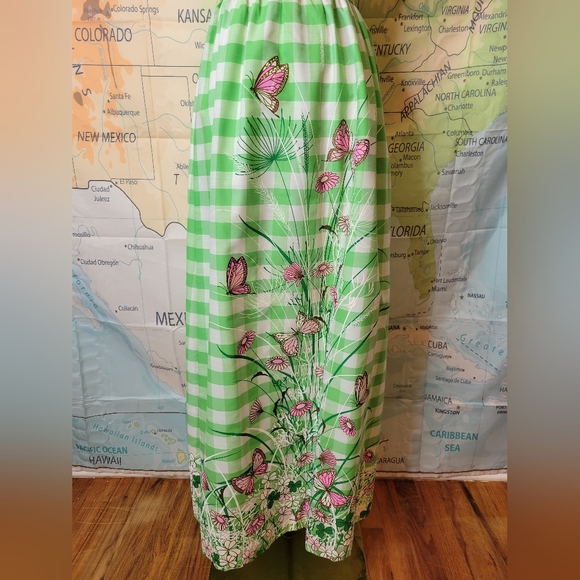 Vintage 1970s Miss Shaheen Green  Long Maxi Skirt with Butterfly Print Size 8 - Picture 2 of 16